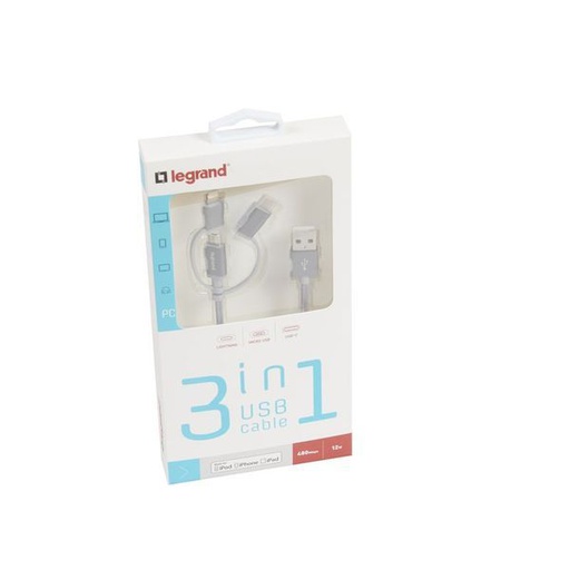 [LEG050693] Cordon Usb Type-A Vers Micro Usb , Usb C Et Lightning legrand 050693