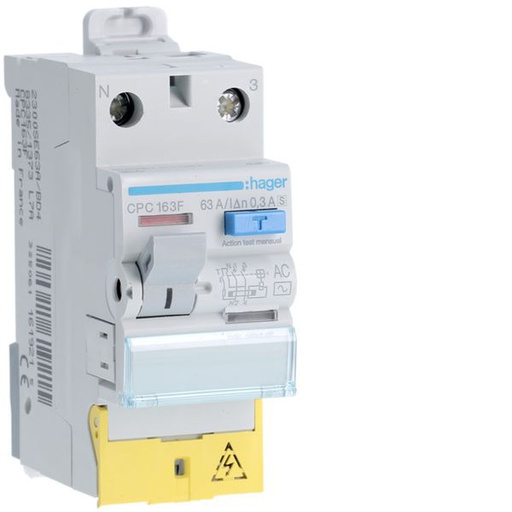 [HAG-CPC163F] Interrupteur différentiel 63A 300mA 1P+N type AC SEL à bornes décalées CPC163F