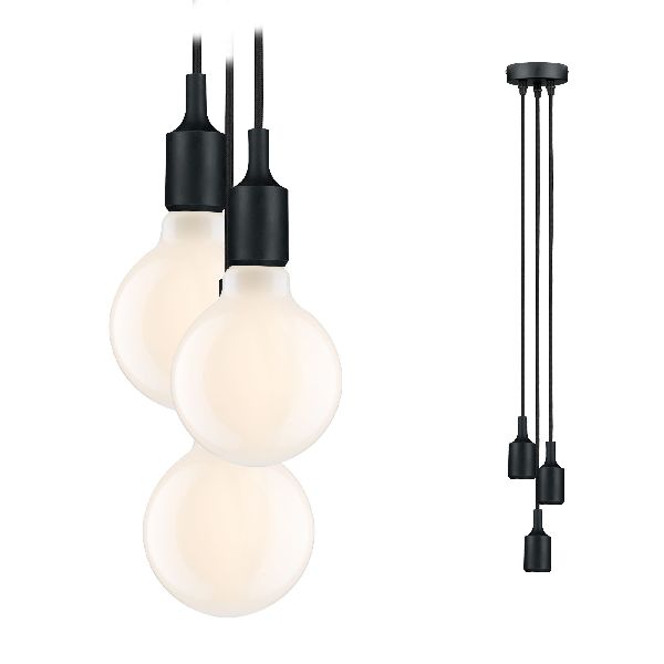 Suspension E27 câble tissé 2m max 3x20W Noir 230V Silicone/Métal