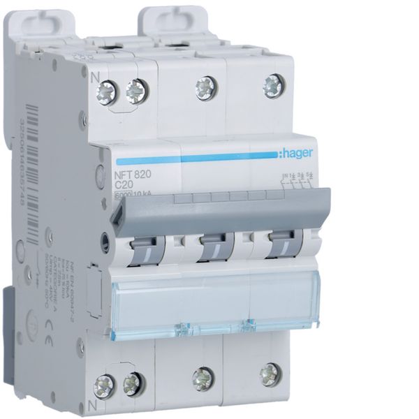 Disjoncteur 20A 3P+N 6-10kA Courbe C 3module NFT820