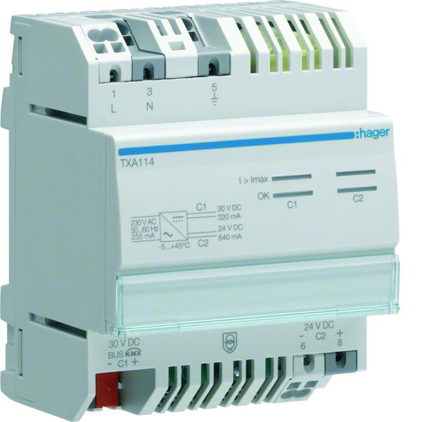 Alim modulaire 1 sortie 30VDC bus KNX sécurisée 320 mA + 1 sortie 24VDC 640mA TXA114