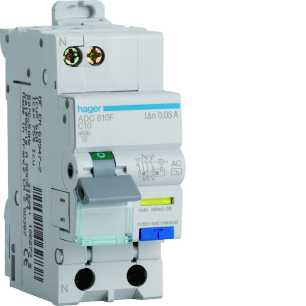 Disjoncteur différentiel 10A 1P+N 6-10kA Courbe C 30mA type AC 2 modules ADC810F