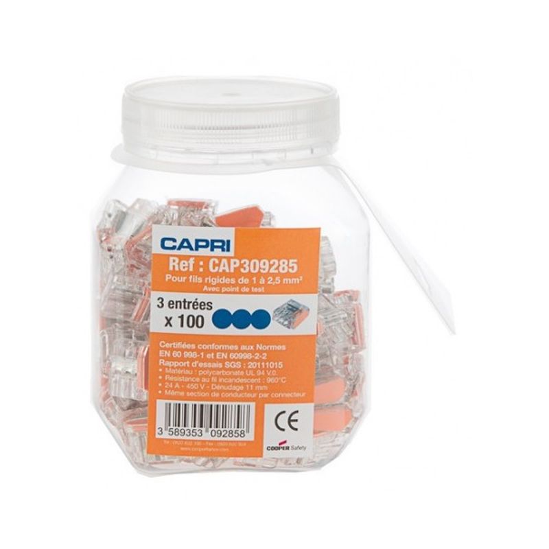 [CAP-309285] Bornes de connexion STAND 3 entrées pour fils rigides 0,5 à 2,5mm2 les 100