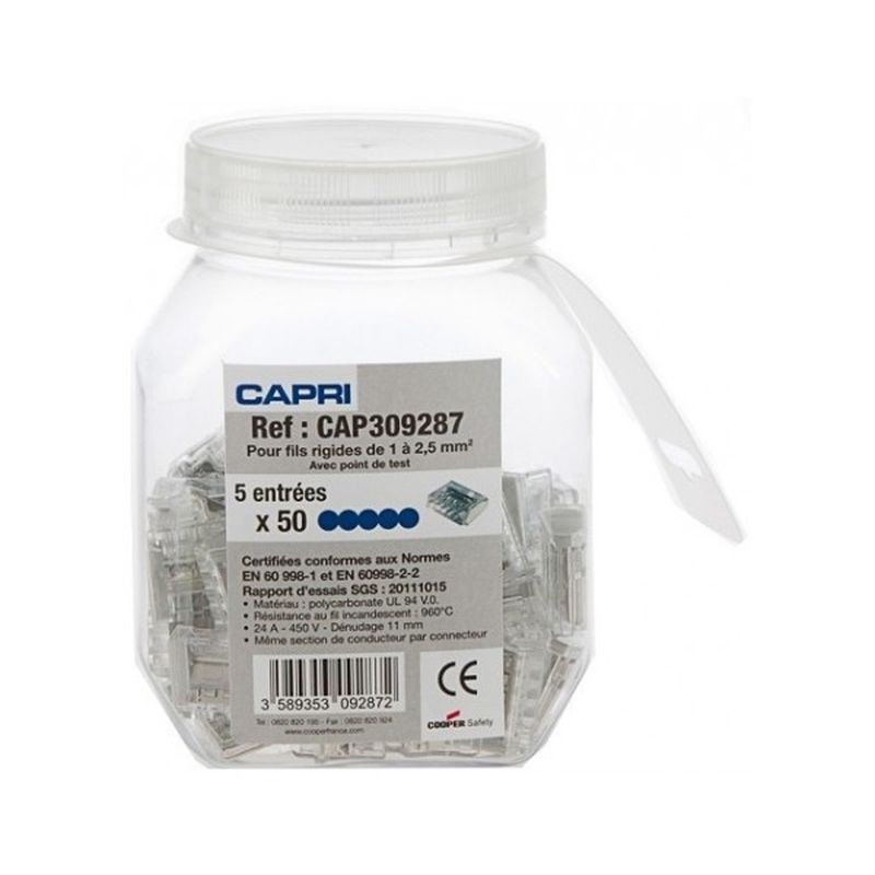 [CAP-309287] Bornes de connexion STAND 5 entrées pour fils rigides 0,5 à 2,5mm2 24A-450V