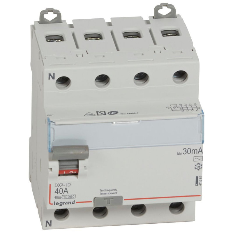 Interrupteur differentiel Dx³-Id Arrivée Haut/Départ Bas Vis 4P 400V~ 40A T legrand 411661