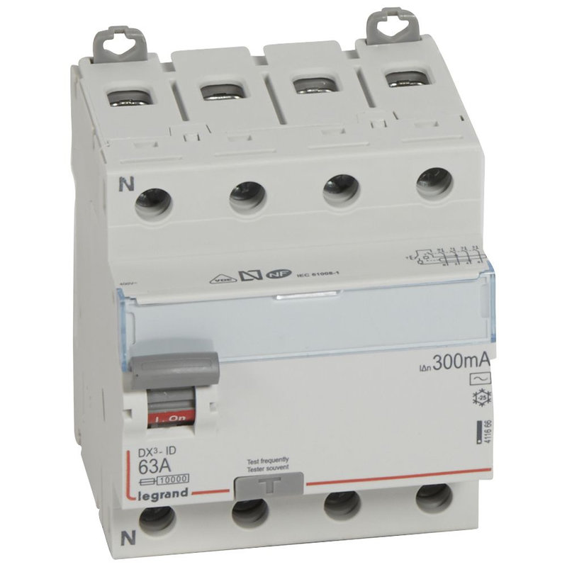 [LEG-411666] Legrand 411666 - Interrupteur différentiel DX³-ID haut/bas vis - 4P 400V~ 63A typeAC 300mA -4 mod