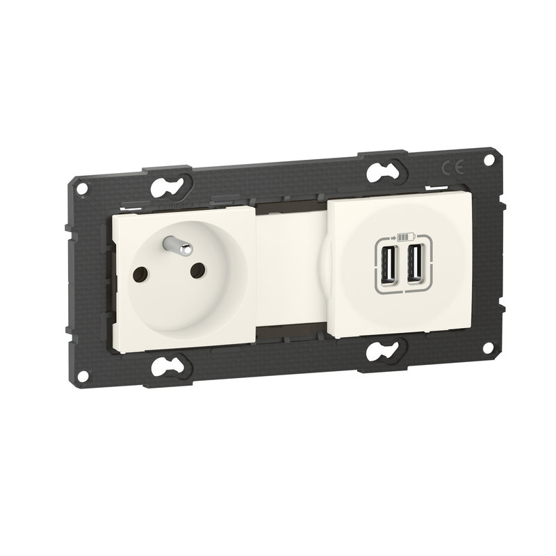 [BTI-BTAL31DD] Bticino BTAL31DD - Prise de courant 16A + prise 2 USB 2,4A précâblées Altège - finition Neige