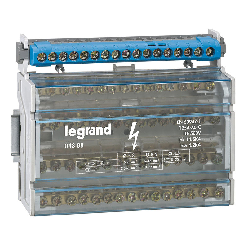 Legrand 004845 - Bornier de répartition isolé IP2X neutre - 1 connexion 6-25mm² -bleu -long.141mm
