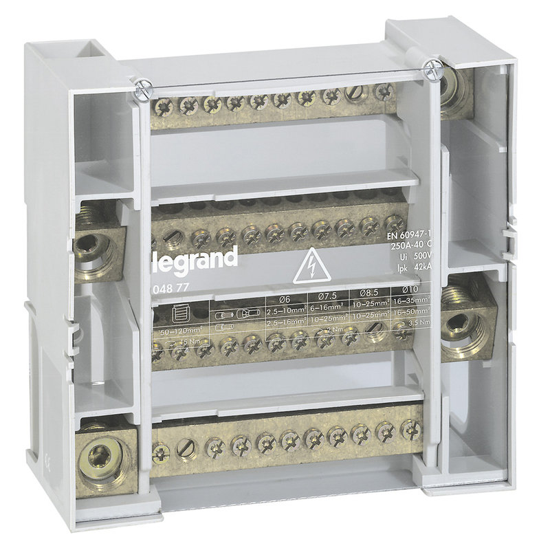Legrand 004877 - Répartiteur monobloc 4P à bornes 250A -12 connexions par barreau - 9 modules DIN