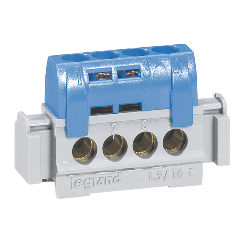 Legrand 004840 - Bornier de répartition isolé IP2X neutre - 4x1,5mm² à 16mm² - bleu - long. 47mm