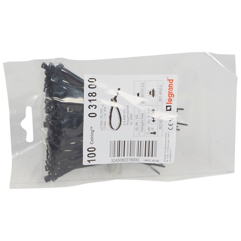Legrand 031800 - Collier Colring largeur 2,4mm longueur 95mm - sachet de 100 - noir