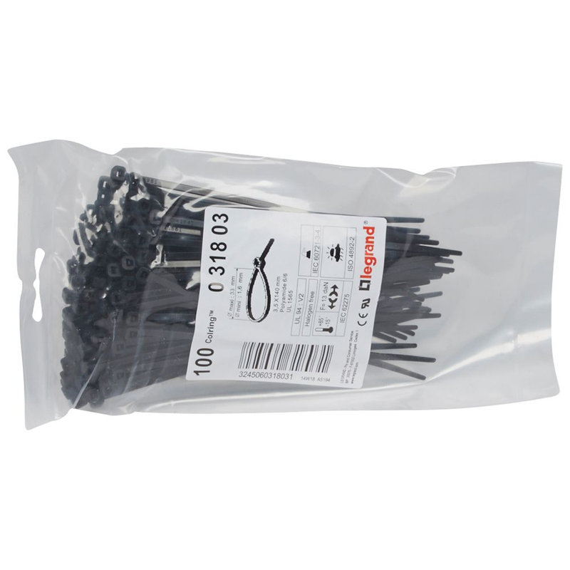Legrand 031803 - Collier Colring largeur 3,5mm longueur 140mm - sachet de 100 - noir