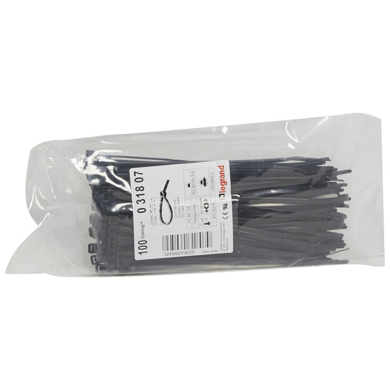 Legrand 031807 - Collier Colring largeur 4,6mm - longueur 180mm - sachet de 100 pièces - noir