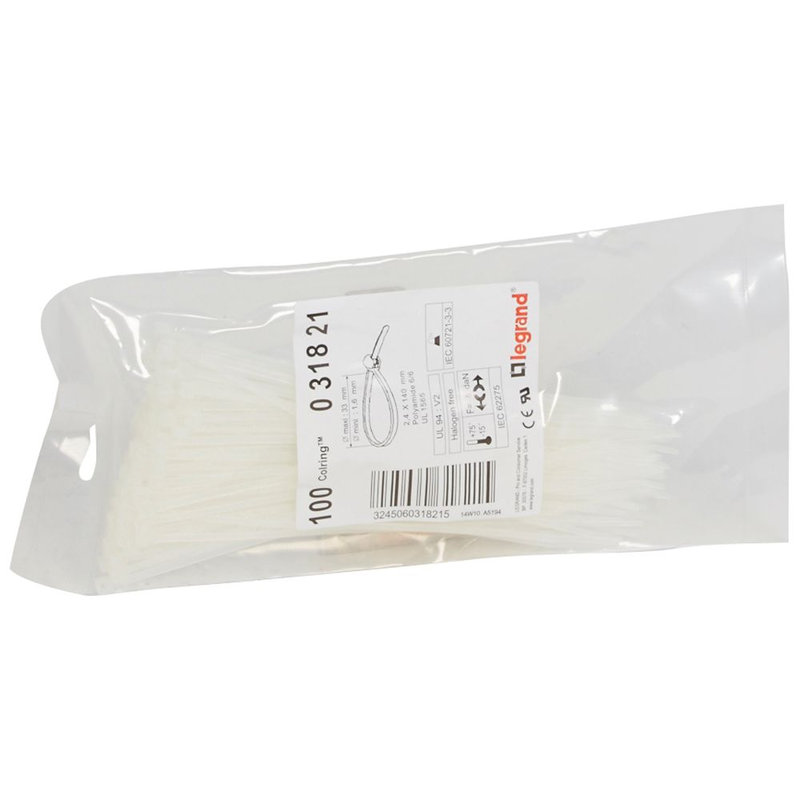 Legrand 031821 - Collier Colring largeur 2,4mm - longueur 140mm - sachet de 100 pièces - incolore