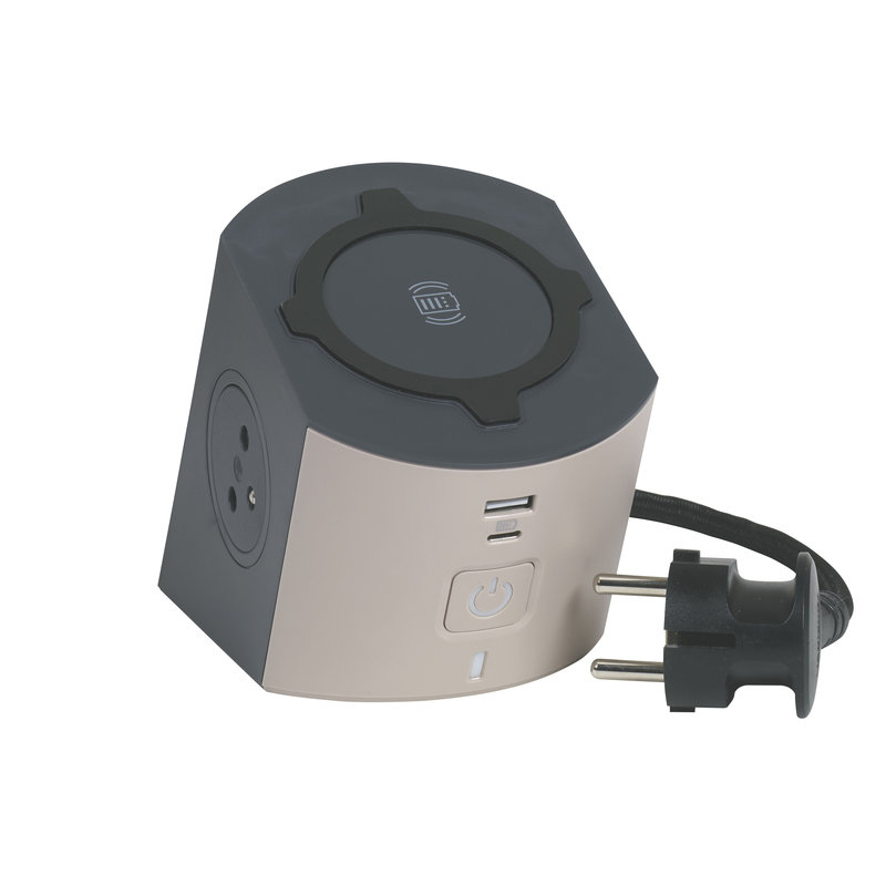 Legrand 049402 - Station de charge 2x2P+T, chargeur sans fil, USB A+C et cordon 2m - taupe/gris