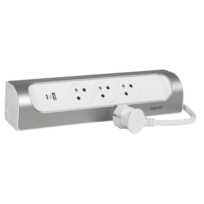 Legrand 049406 - Rallonge d'angle 3x2P+T Surface et USB A+C avec cordon 1m - blanc/alu