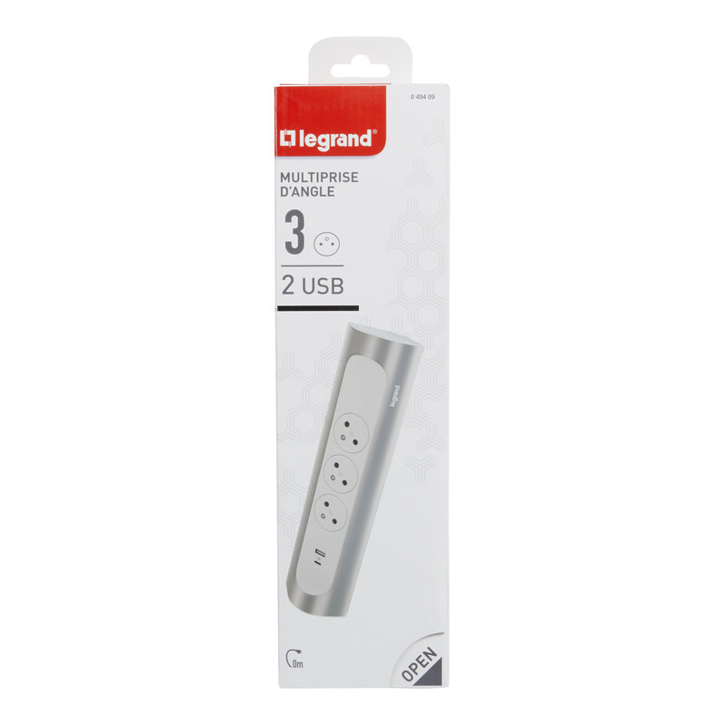 Legrand 049409 - Rallonge d'angle 3x2P+T Surface et USB A+C à câbler - blanc/alu