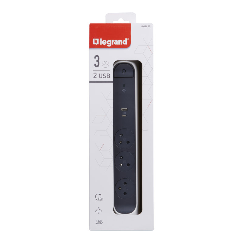 Legrand 049417 - Rallonge 3x2P+T Surface, inter, parafoudre, USB A+C et cordon 1,5m - blanc/gris