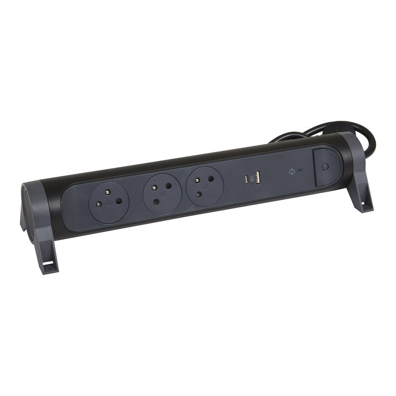 Legrand 049425 - Rallonge 3x2P+T Surface, inter, parafoudre, USB A+C et cordon 1,5m - noir/gris