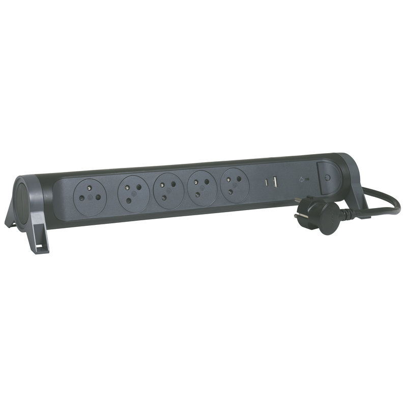 Legrand 049429 - Rallonge 5x2P+T Surface, inter, parafoudre, USB A+C et cordon 1,5m - noir/gris