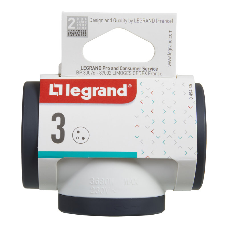 Legrand 049435 - Fiche 3x2P+T latérales 16A 230V 3680W - blanc/gris foncé