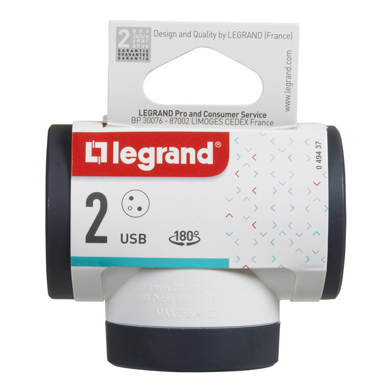 Legrand 049437 - Fiche rotative 2x2P+T latérales 16A 230V 3680W avec USB A+C - blanc/gris foncé