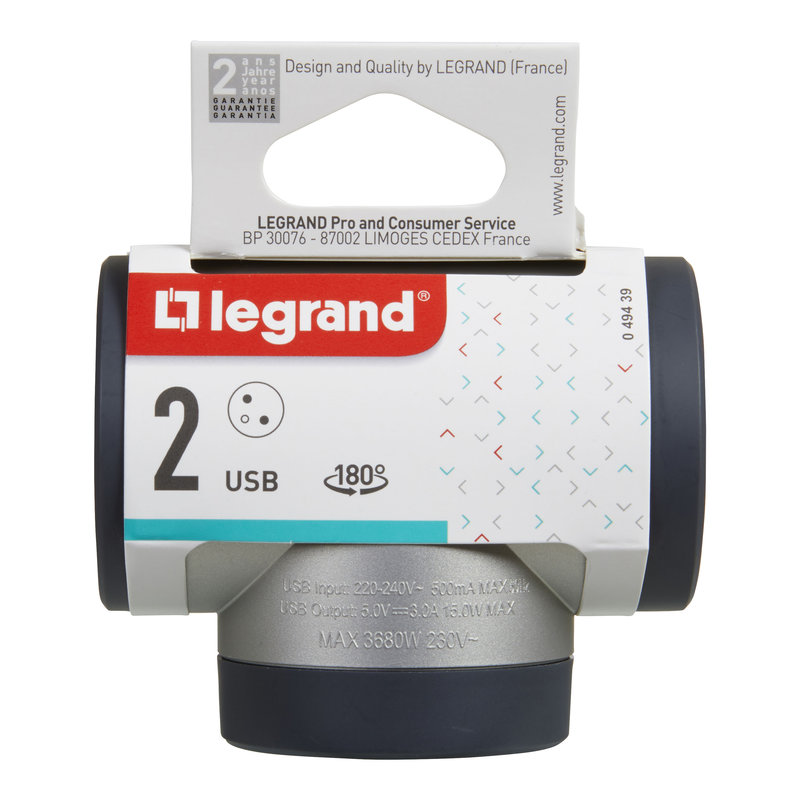 Legrand 049439 - Fiche rotative 2x2P+T latérales 16A 230V 3680W avec USB A+C - alu/gris foncé