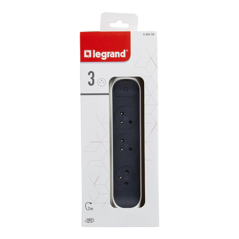 Legrand 049458 - Rallonge 3x2P+T Surface avec interrupteur et cordon 3m 3G 1,5mm² - blanc/gris