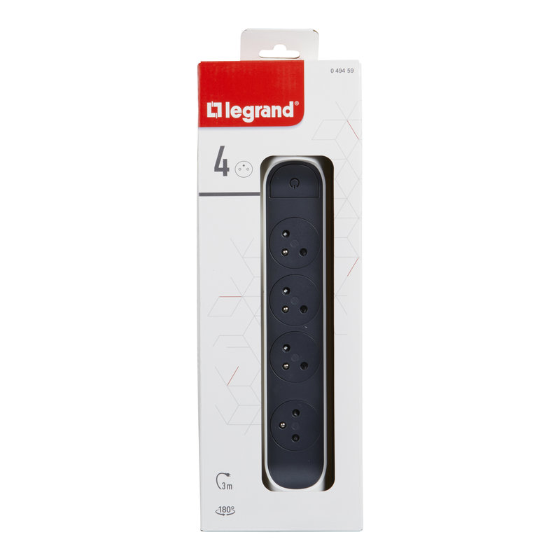 Legrand 049459 - Rallonge 4x2P+T Surface avec interrupteur et cordon 3m 3G 1,5mm² - blanc/gris