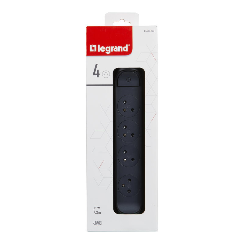 Legrand 049460 - Rallonge 4x2P+T Surface avec interrupteur et cordon 3m 3G 1,5mm² - noir/gris