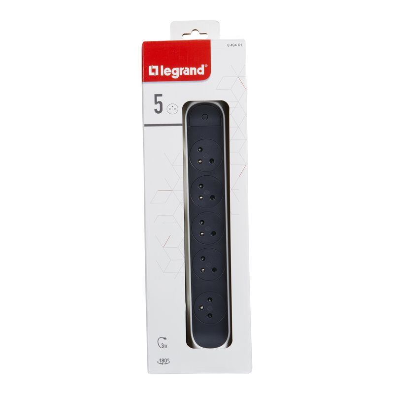 Legrand 049461 - Rallonge 5x2P+T Surface avec interrupteur et cordon 3m 3G 1,5mm² - blanc/gris