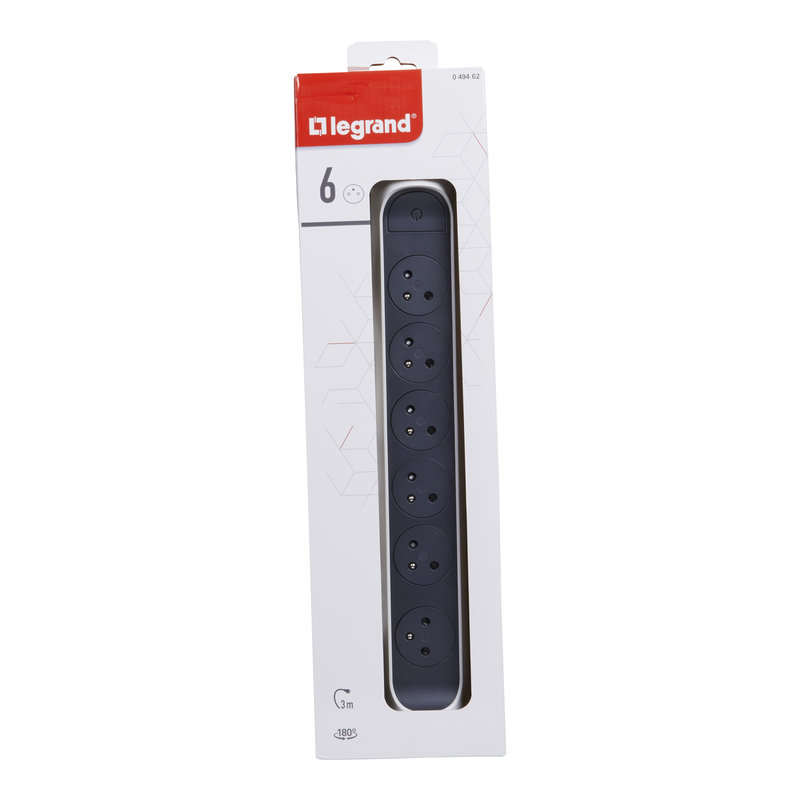 Legrand 049462 - Rallonge 6x2P+T Surface avec interrupteur et cordon 3m 3G 1,5mm² - blanc/gris
