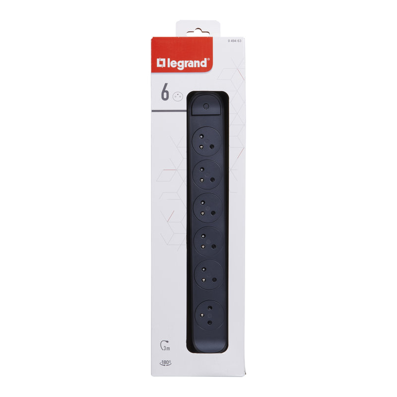 Legrand 049463 - Rallonge 6x2P+T Surface avec interrupteur et cordon 3m 3G 1,5mm² - noir/gris