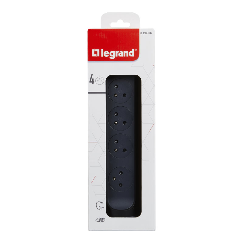 Legrand 049466 - Rallonge 4x2P+T Surface avec interrupteur sans cordon - noir/gris foncé