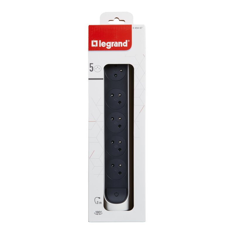 Legrand 049467 - Rallonge 5x2P+T Surface avec interrupteur sans cordon - blanc/gris foncé