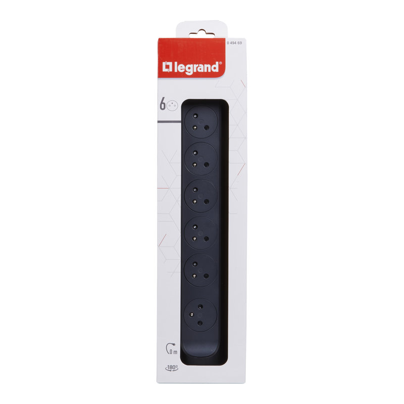 Legrand 049469 - Rallonge 6x2P+T Surface avec interrupteur sans cordon - noir/gris foncé