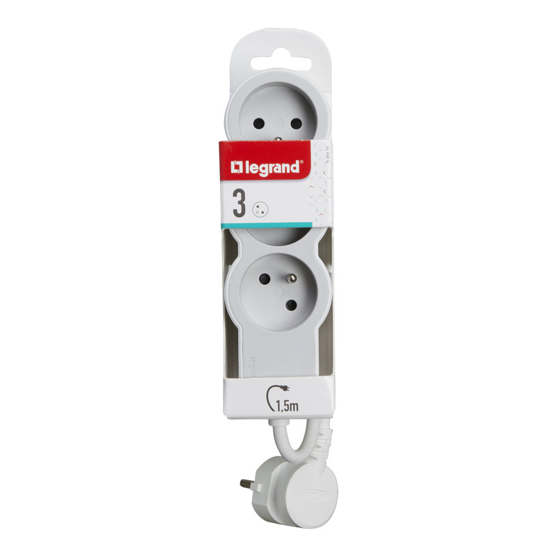 Legrand 049470 - Rallonge 3x2P+T avec cordon 1,5m 3G 1mm² - blanc/gris clair