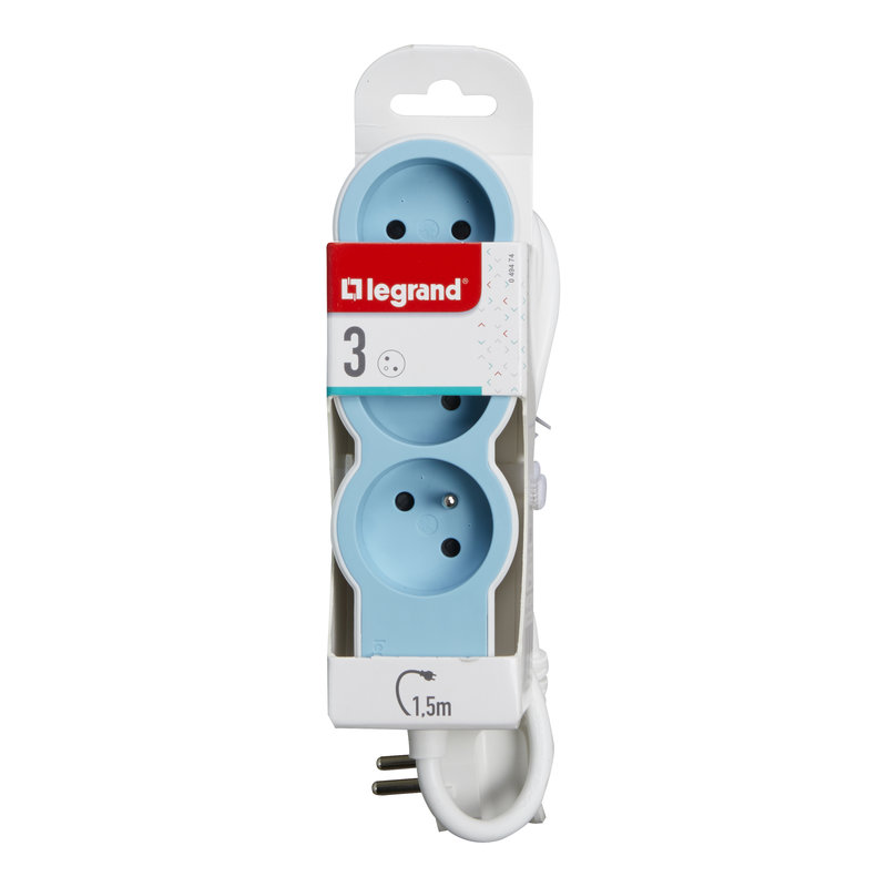 Legrand 049474 - Rallonge 3x2P+T avec cordon 1,5m 3G 1mm² - blanc/bleu