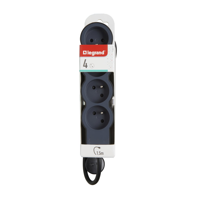 Legrand 049477 - Rallonge 4x2P+T avec cordon 1,5m 3G 1mm² - noir/gris foncé