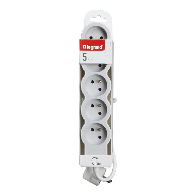 Legrand 049480 - Rallonge 5x2P+T avec cordon 1,5m 3G 1mm² - blanc/gris clair