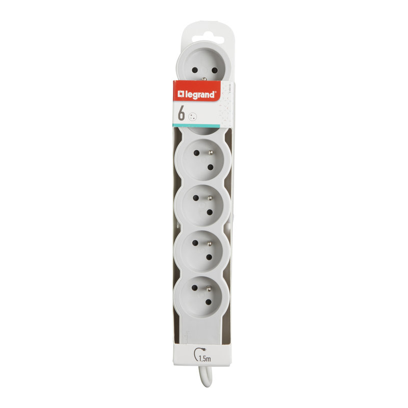 Legrand 049484 - Rallonge 6x2P+T avec cordon 1,5m 3G 1mm² - blanc/gris clair