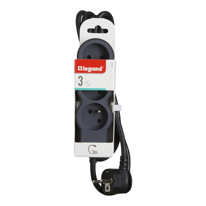 Legrand 049489 - Rallonge 3x2P+T avec cordon 3m 3G 1,5mm² - noir/gris foncé