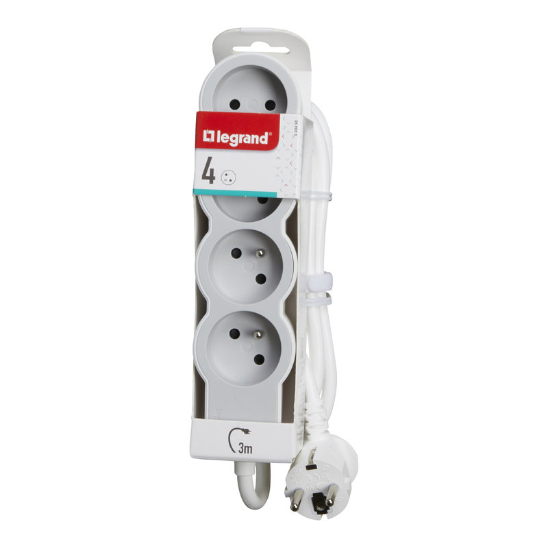 Legrand 049490 - Rallonge 4x2P+T avec cordon 3m 3G 1,5mm² - blanc/gris clair