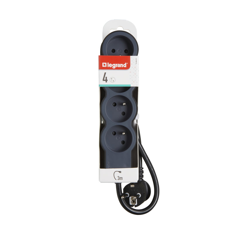Legrand 049491 - Rallonge 4x2P+T avec cordon 3m 3G 1,5mm² - noir/gris foncé