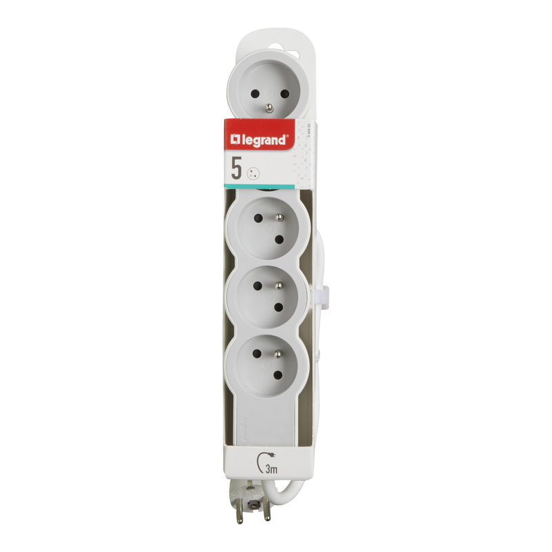 Legrand 049492 - Rallonge 5x2P+T avec cordon 3m 3G 1,5mm² - blanc/gris clair