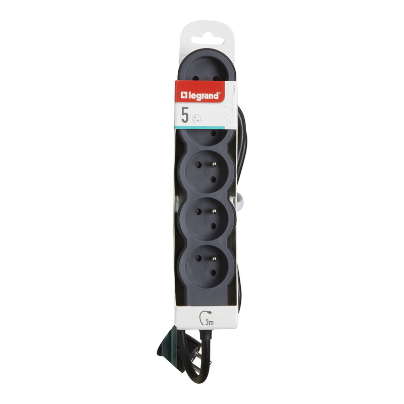 Legrand 049493 - Rallonge 5x2P+T avec cordon 3m 3G 1,5mm² - noir/gris foncé
