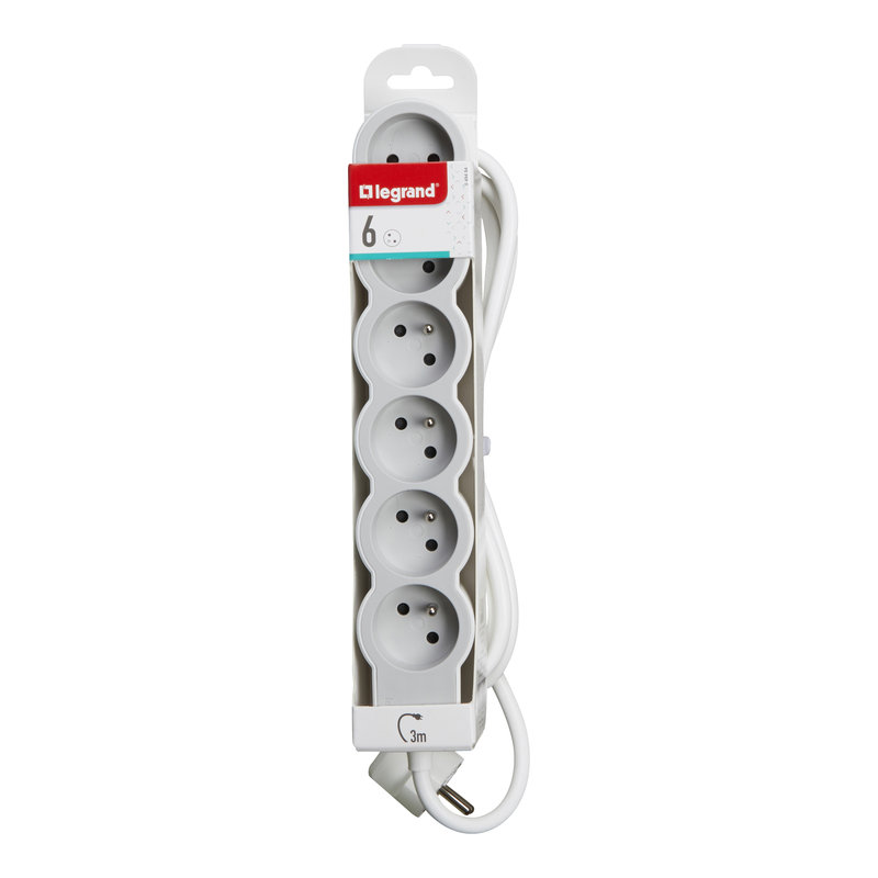 Legrand 049494 - Rallonge 6x2P+T avec cordon 3m 3G 1,5mm² - blanc/gris clair