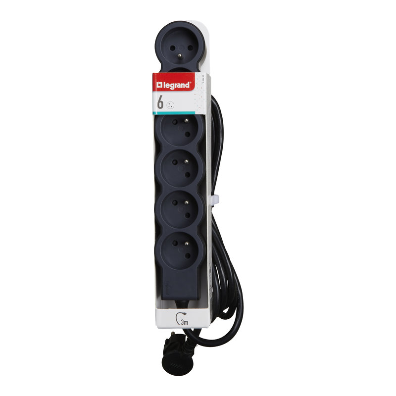 Legrand 049495 - Rallonge 6x2P+T avec cordon 3m 3G 1,5mm² - noir/gris foncé