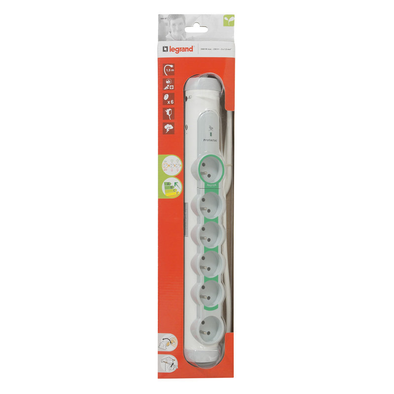 Legrand 050087 - Rallonge multiprises 'coupe-veille' équipé de 6x2P+T et parafoudre - cordon 1,5m