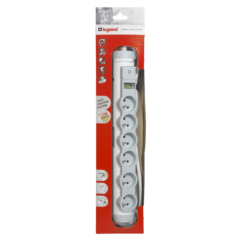 Legrand 050093 - Rallonge multiprise confort et sécurité - indicateur de surcharge - 6x2P+T